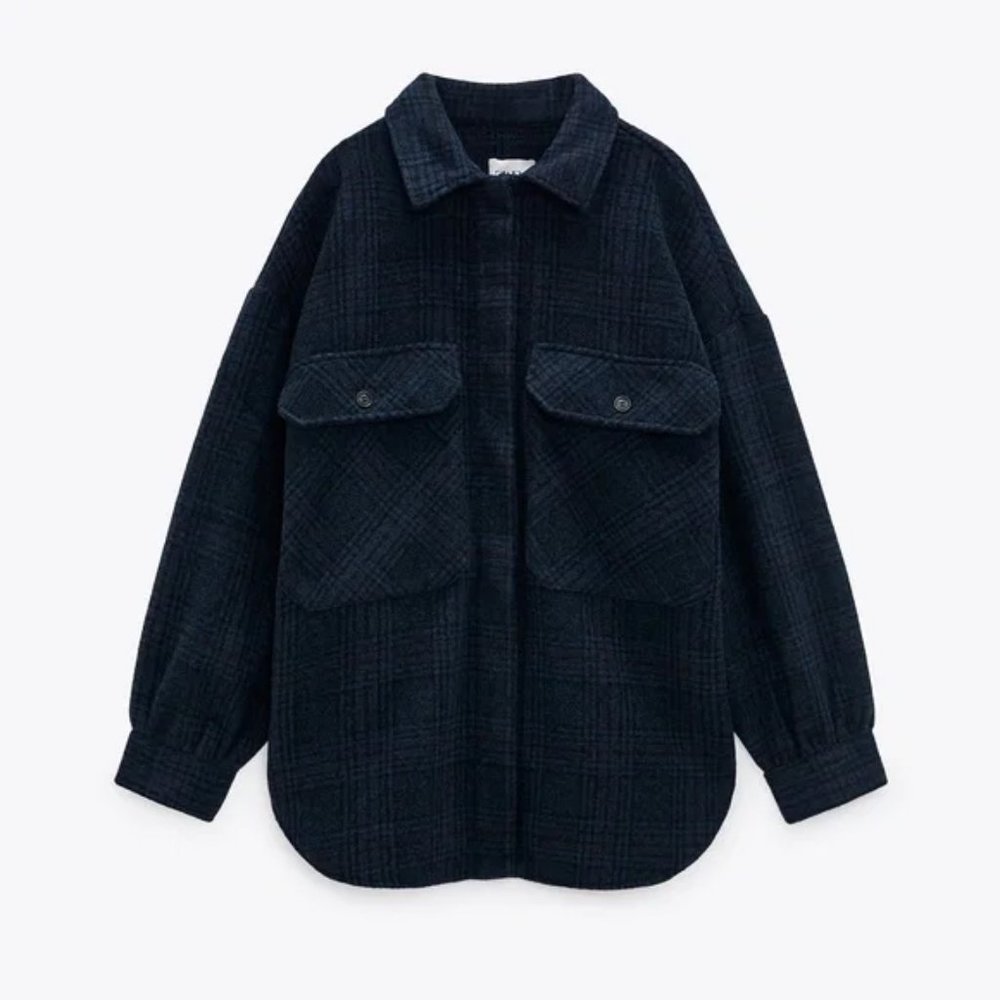 Zara Plaid Overshirt Shacket Navy Blue NWT Fall Flannel Style Jacket